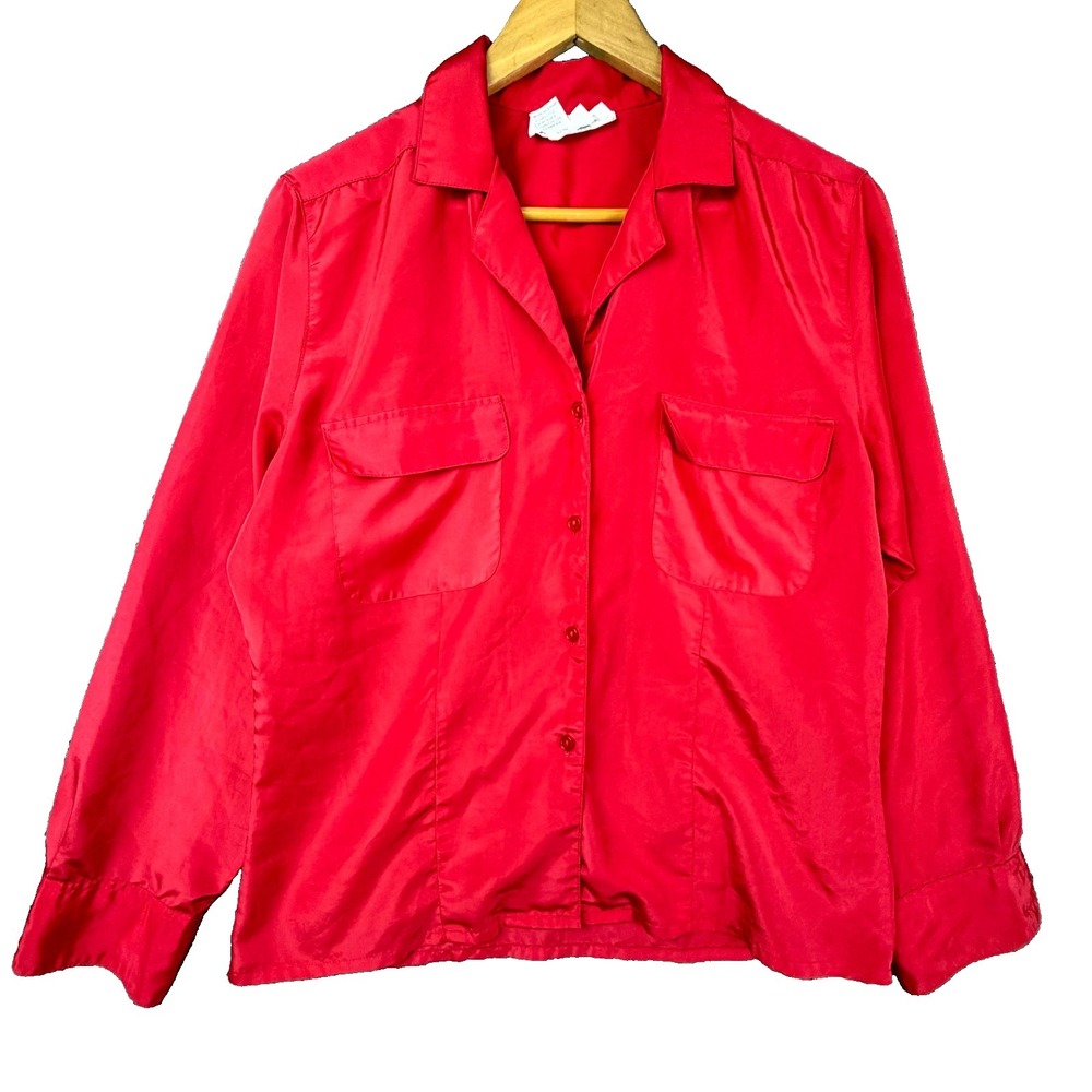Vintage Shapely Secretary Blouse Womens 8 Red Satin Camp Collar Button Front